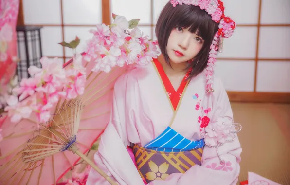 Flowers, pose, model, umbrella, kimono, Asian, beauty, model