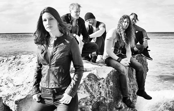 Picture stone, group, jacket, redhead, Delain, sitting, Charlotte Wessels