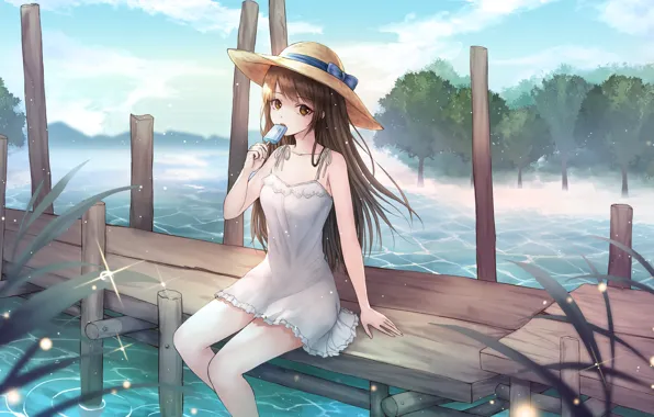 Nature, Lake, Girl, Hat, The bridge, Ice cream