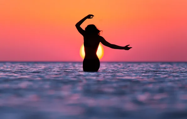 Sea, the sun, sunset, Girl, figure, silhouette