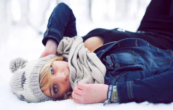 Winter, eyes, look, girl, snow, face, hat, scarf