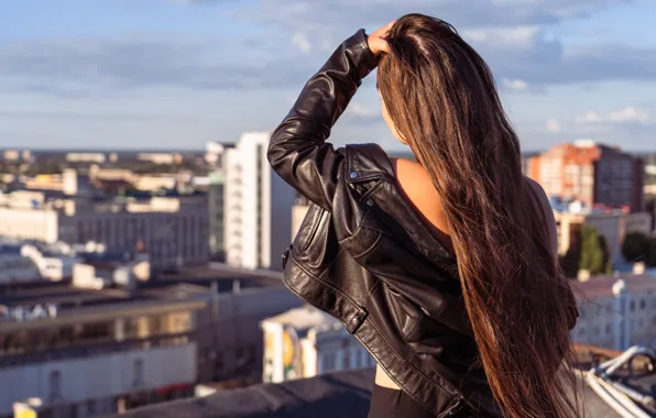 Picture girl, the city, pose, jacket, long hair, Milya Piratka, Dmitry Drozdov