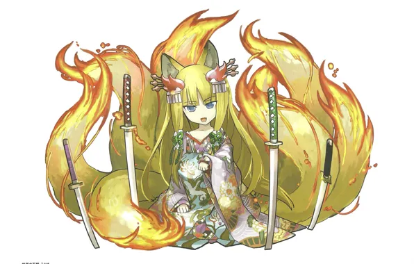 Girl, white background, kimono, game, sitting, ears, katana, tails