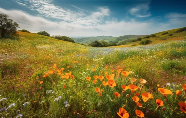 Field, summer, clouds, landscape, flowers, nature, hills, dal