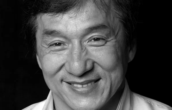 Smile, actor, Jackie Chan, facial expressions, Jackie Chan, black and white photo