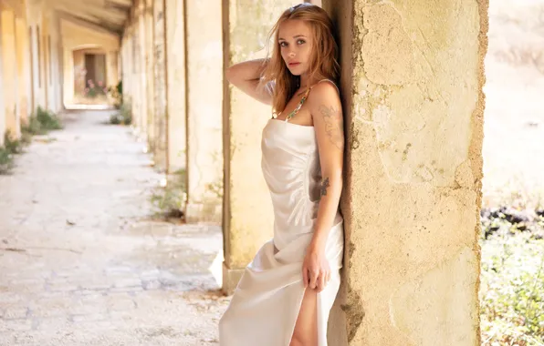Pose, model, columns, beauty, model, beauty, in a white dress, pose