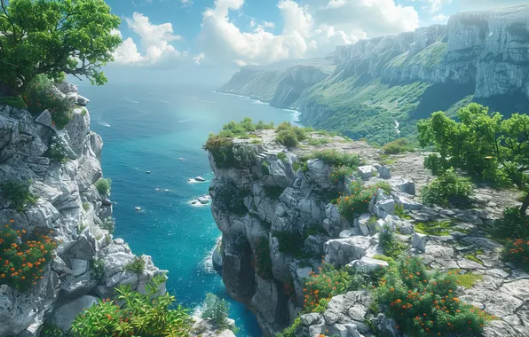 Clouds, Sea, Mountains, Trees, Coast, Digital art, AI art, The Art of Artificial Intelligence