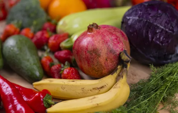 Bananas, fruit, vegetables, different, garnet, cuts