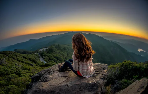 Picture girl, landscape, stone, view, overview