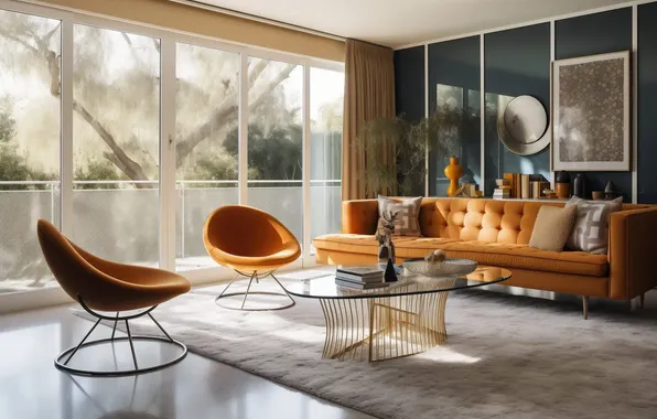 Design, room, interior, retro style, living room, upholstered furniture, Mid-century modern