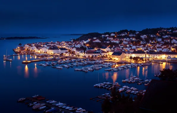 Picture sea, night, building, home, yachts, port, Norway, panorama