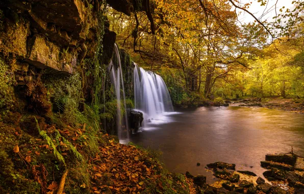 Autumn, trees, river, England, waterfall, England, Wales, Wales