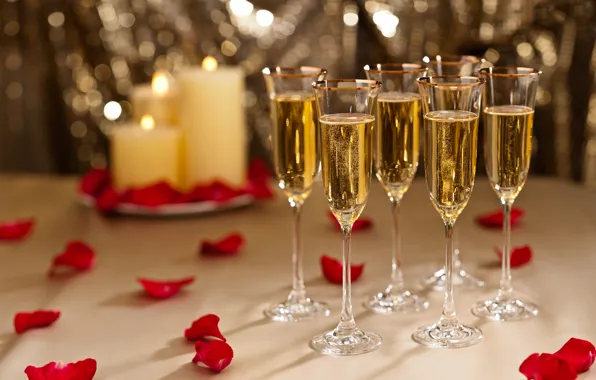 Holiday, rose, candles, petals, glasses, champagne, red