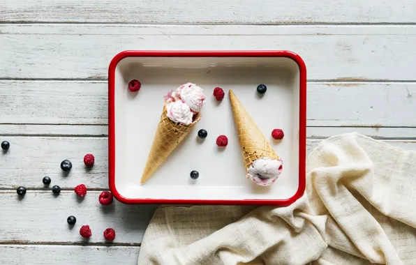 Berries, raspberry, blueberries, ice cream, dessert, wood, waffle cone, Ice cream