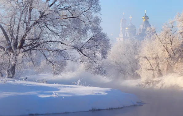 Winter, frost, snow, trees, landscape, nature, river, the monastery