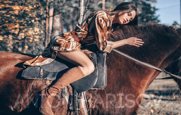 Picture the sun, trees, nature, pose, model, horse, portrait, boots