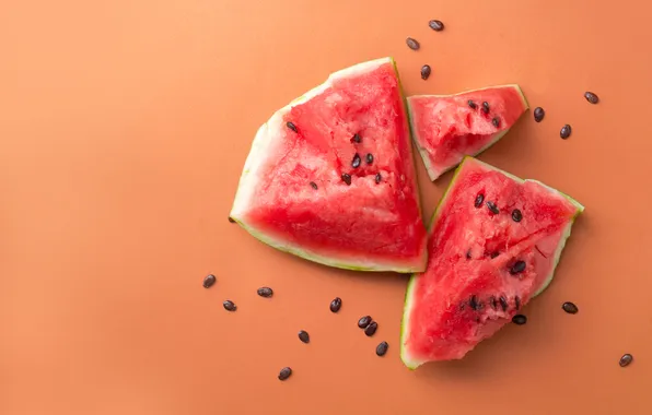 Watermelon, pieces, placer, orange background, seeds, slices, broken