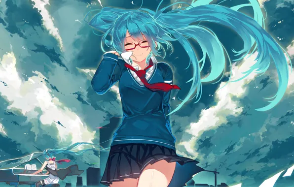 Picture the sky, clouds, girls, anime, headphones, piano, art, glasses