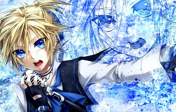 Picture art, microphone, guy, vocaloid, earrings, Vocaloid, sings, kagamine len