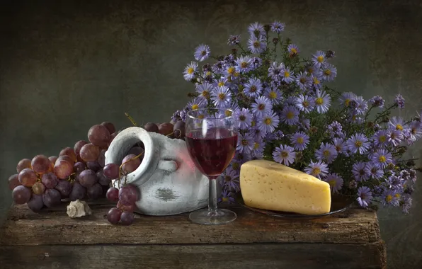 Wine, cheese, shell, grapes, asters