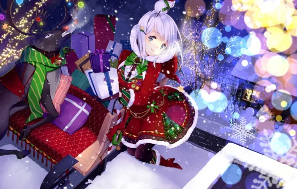 Winter, girl, snow, lights, holiday, new year, Christmas, anime
