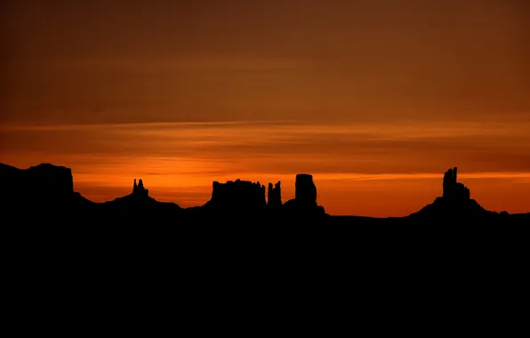 Mountains, night, nature, rocks, silhouette, glow, Utah, USA