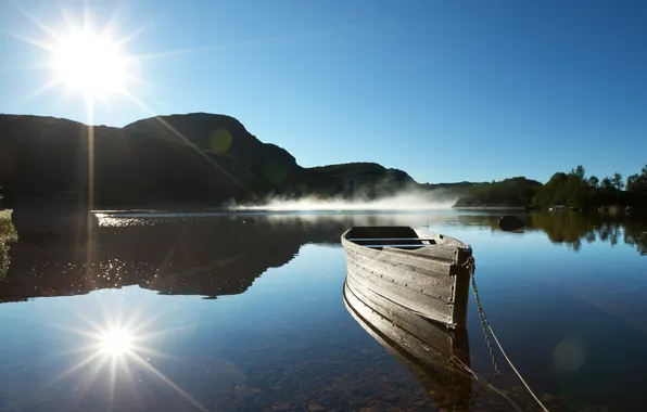 Picture the sun, lake, boat