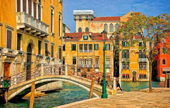 Bridge, tree, home, Italy, lantern, Venice, channel