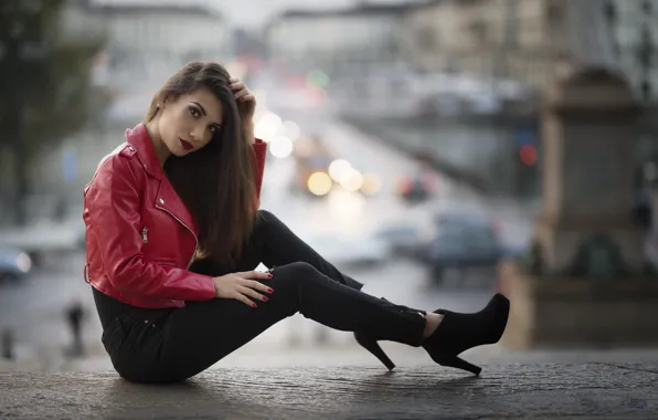 Look, face, style, model, lipstick, jacket, red, leather