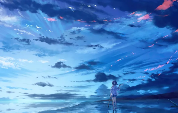 Picture the wind, girl, beach, clouds