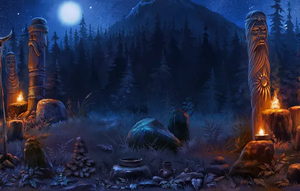 Forest, mountains, night, skull, pitcher, idols, Game background