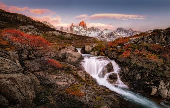Autumn, trees, mountains, stones, rocks, waterfall, Andes, Patagonia