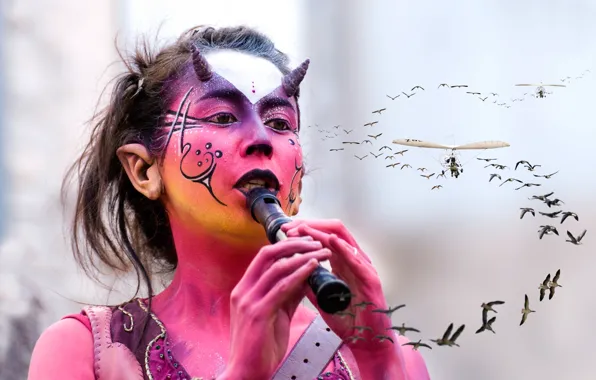 Picture girl, birds, makeup, flight, makeup, the flute