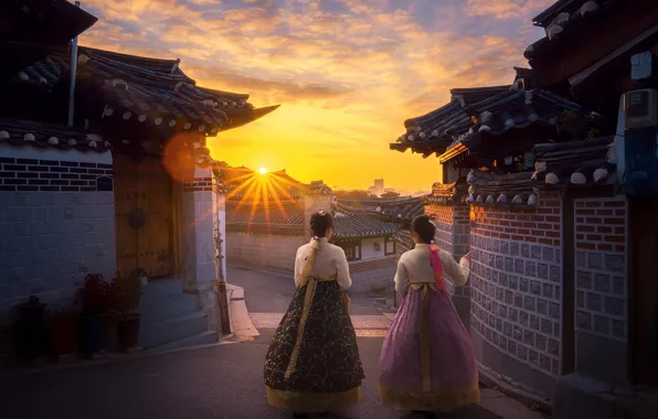 Picture the sun, girls, dawn, morning, Koreans, hanbok, hanbok