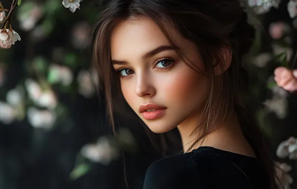 Look, girl, flowers, branches, nature, face, the dark background, portrait