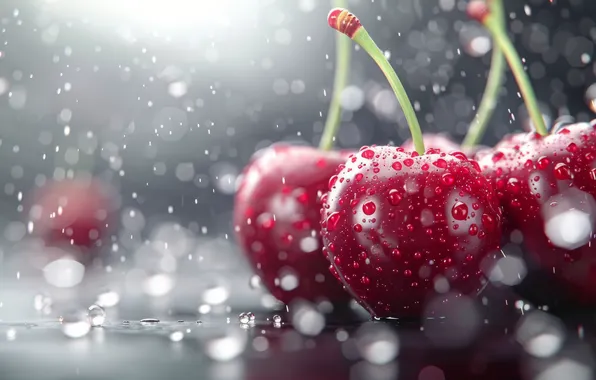 Water, drops, macro, light, cherry, berries, blur, grey background
