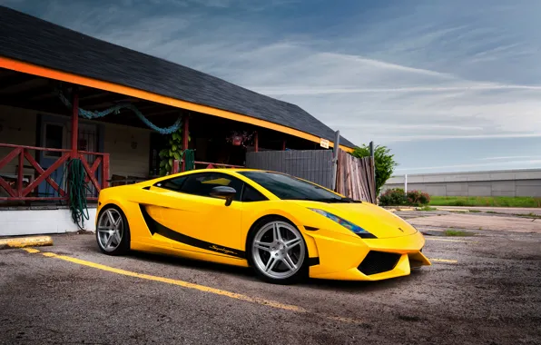 Picture the building, garage, Lamborghini, Superleggera, Gallardo, yellow, Lamborghini, yellow