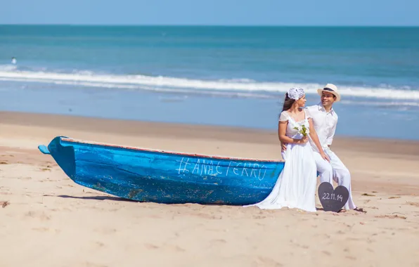 Sand, boat, pair, the bride, the groom