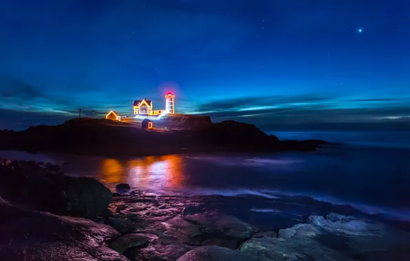 Picture sea, the sky, stars, night, reflection, rocks, lighthouse, mirror