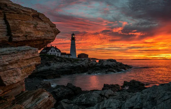 Sea, sunset, lighthouse