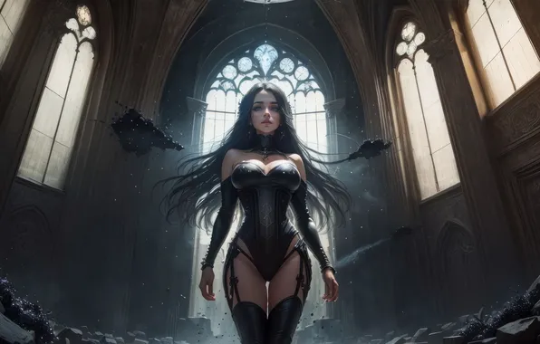 Cathedral, temple, long hair, bust, digital art, digital art, slim figure, fantasy art