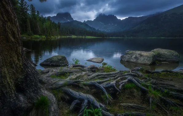 Clouds, mountains, lake, water surface, boulders, the roots of the tree, Alexey Kretov, picturesque landscape