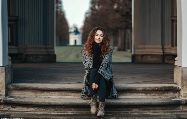 Look, model, portrait, shoes, stage, brown hair, coat, posing