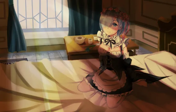 Girl, the demon, sitting, anime, the maid, art, Rem, Re: Zero kara hajime chip isek …