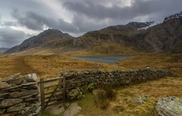 The sky, mountains, lake, the fence, wicket, Wales, Snowdonia