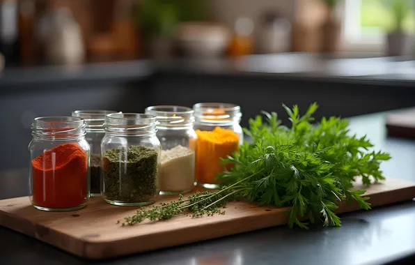 Greens, jars, spices, AI art