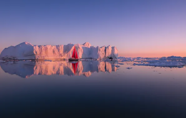 Sea, reflection, boat, yacht, iceberg, scarlet sails, Greenland, Greenland
