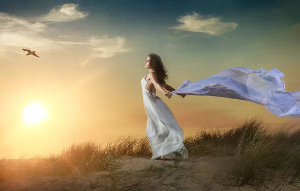 Picture the sky, girl, pose, the wind, dawn, dress, Alex Mendoza, Gisela Reina