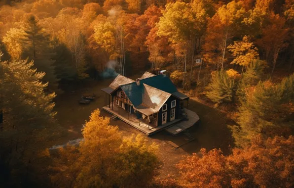 Autumn, forest, trees, house, foliage, house, hut, cottage