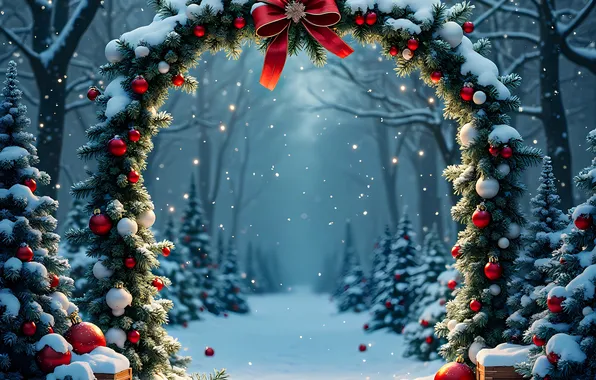 Winter, forest, balls, snow, branches, Park, frame, Christmas